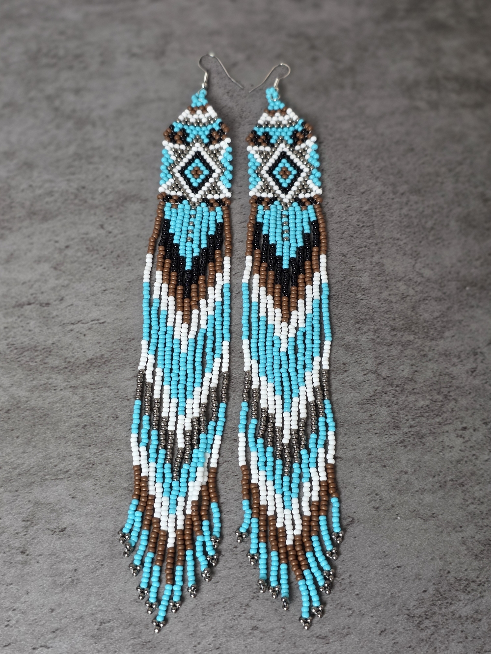 Long Southwestern Boho Beaded Fringe Earrings Handmade Blue Brown - Picture 4 of 4